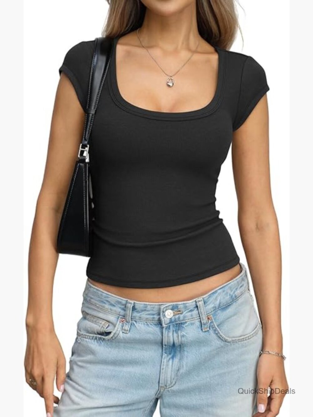 Cotton Ribbed Scoop Neck Cap Sleeve Slim Fit T-Shirt Summer Going Out Top
